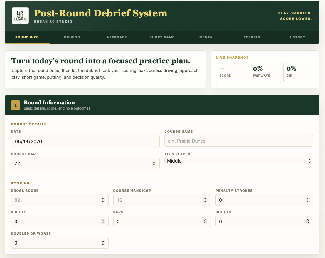 Live snapshot score, fairways, and GIR cards