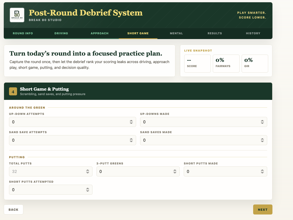 Short game and putting section from the Post-Round Debrief System